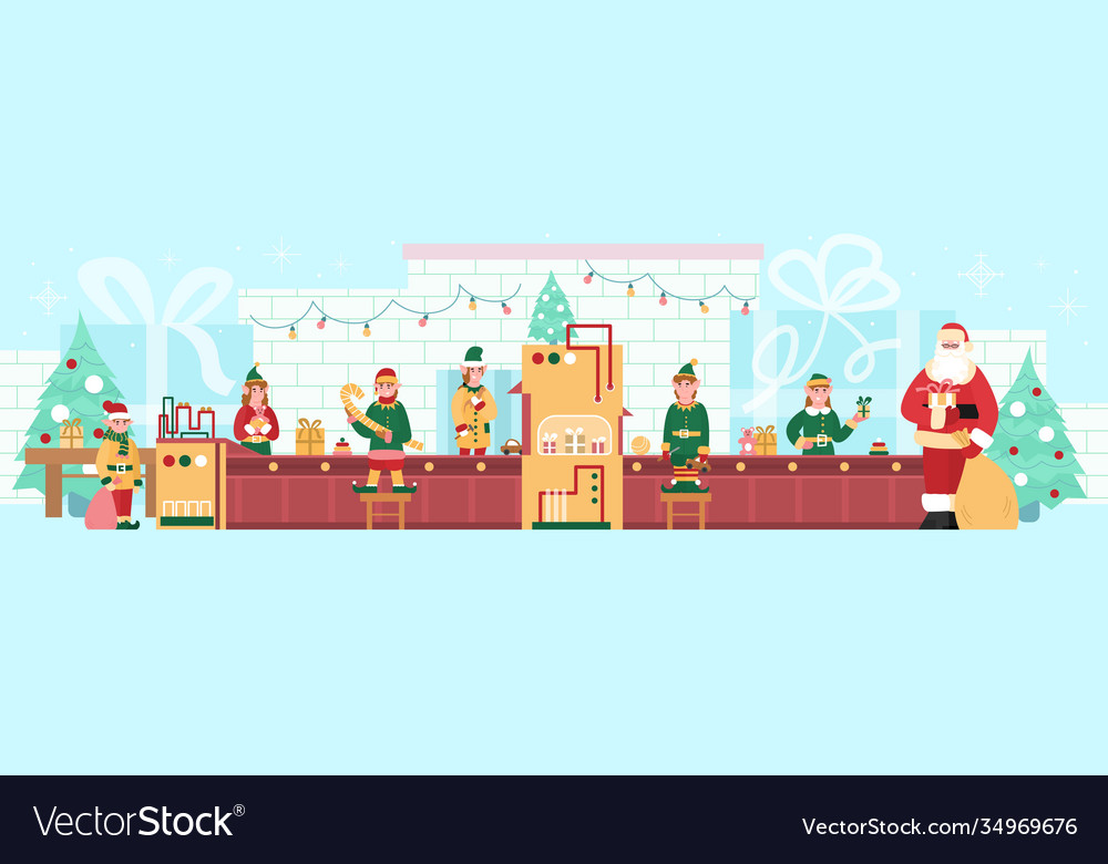 Toys and gifts christmas factory with elves Vector Image