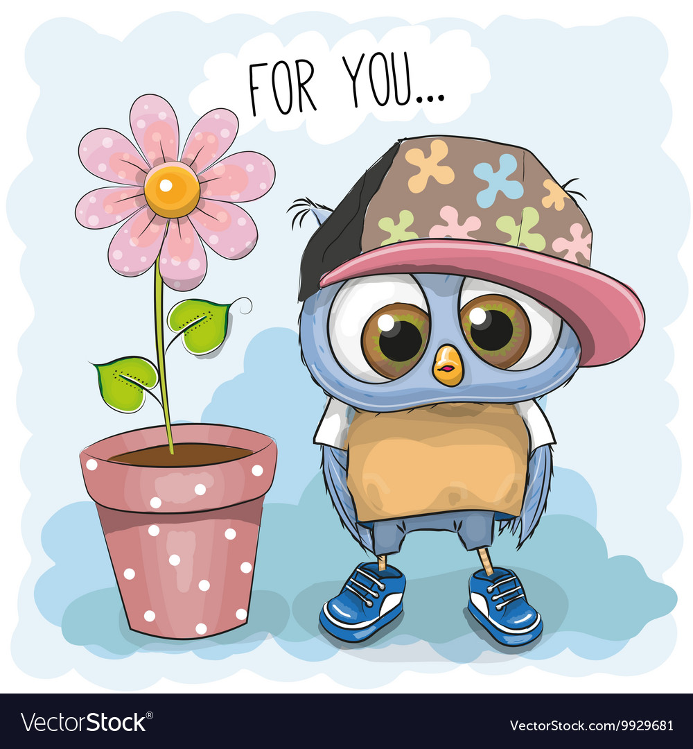 Cute cartoon owl with flower Royalty Free Vector Image