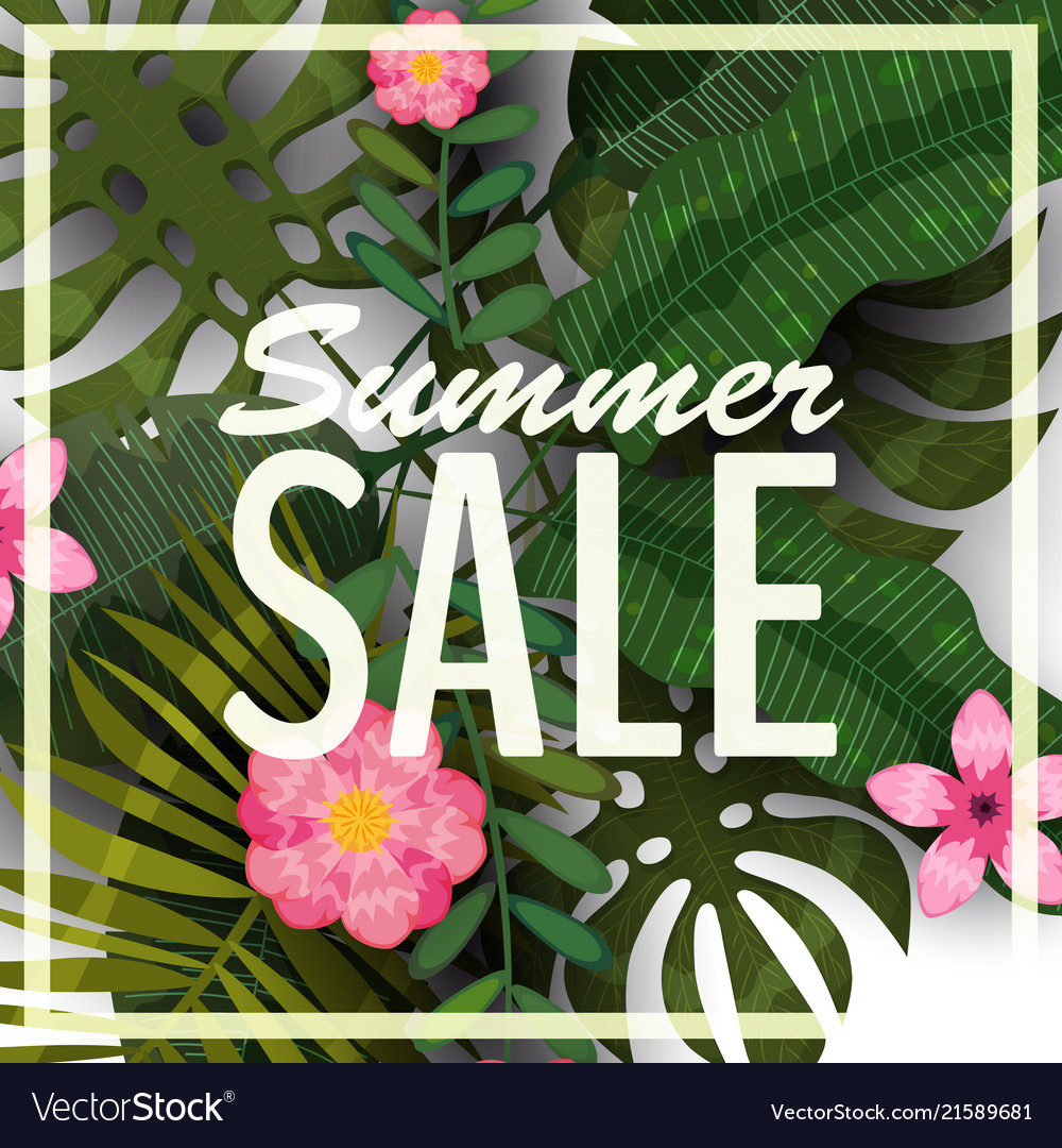 Sale summer banner poster with palm leaves