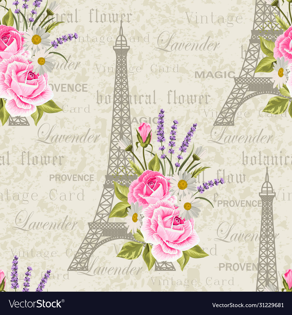 Seamless floral pattern with eiffel towers