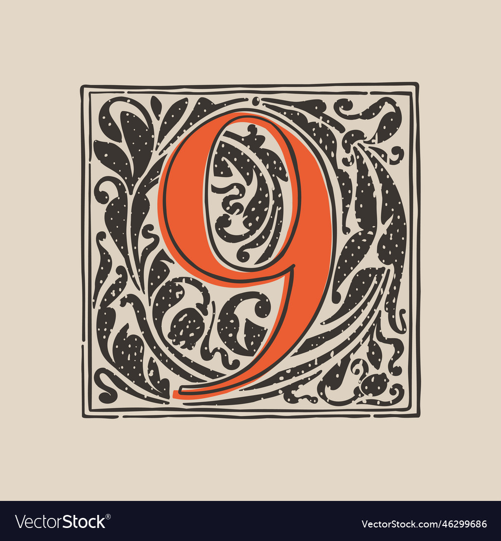 Number nine drop cap logo in medieval engraving Vector Image