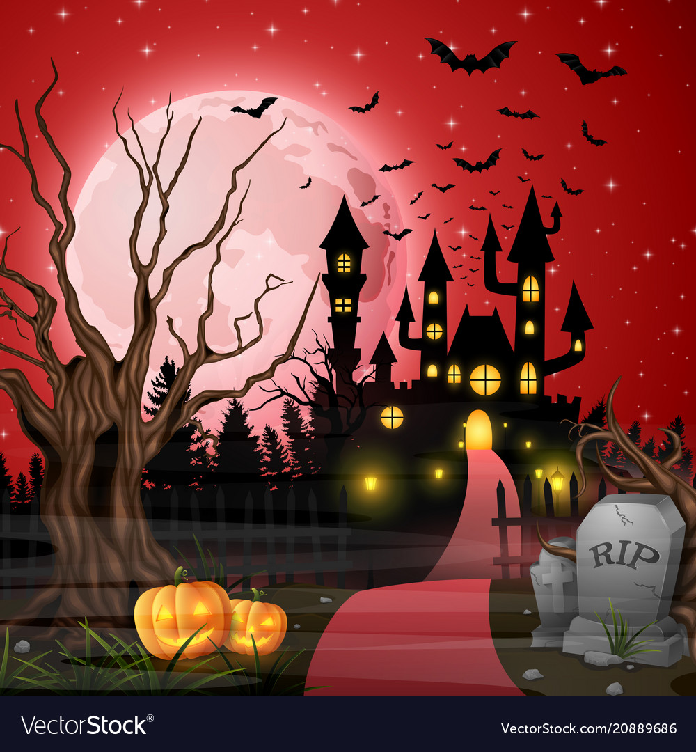 Scary castle with pumpkins and bats in the woods vector image Scary castle with pumpkins and bats in the woods