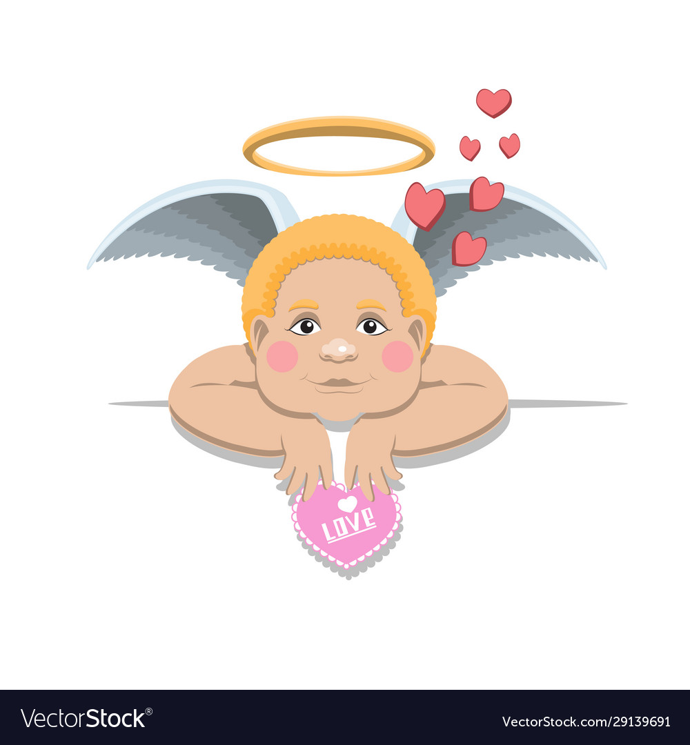 A funny little cupid with halo and wings holds