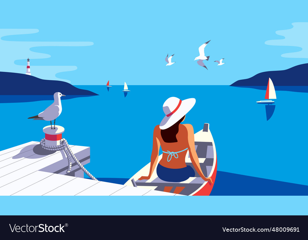 Female in boat enjoying seaside vacation