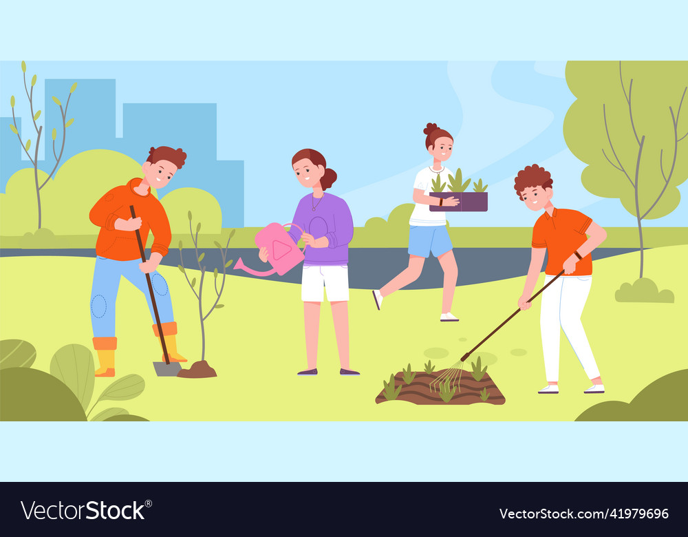 Kinderpark Kinder helfen Gartenanlagen vector image Kinderpark Kinder helfen Gartenanlagen