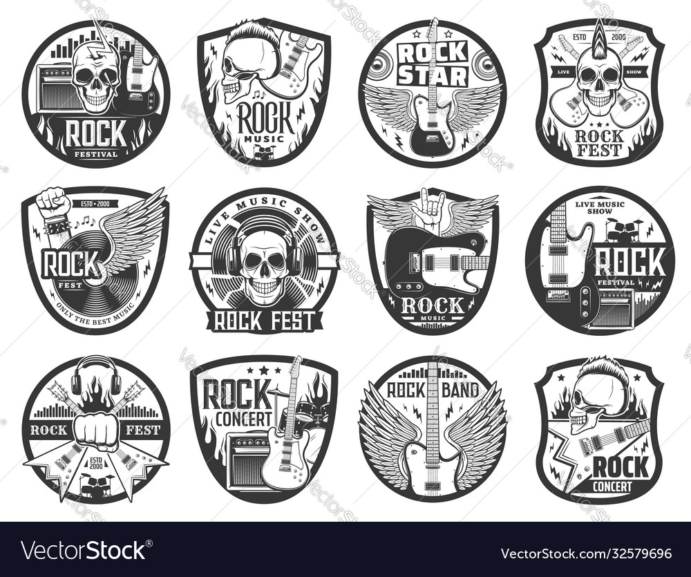 Rock music icons with guitars drums and skulls Vector Image