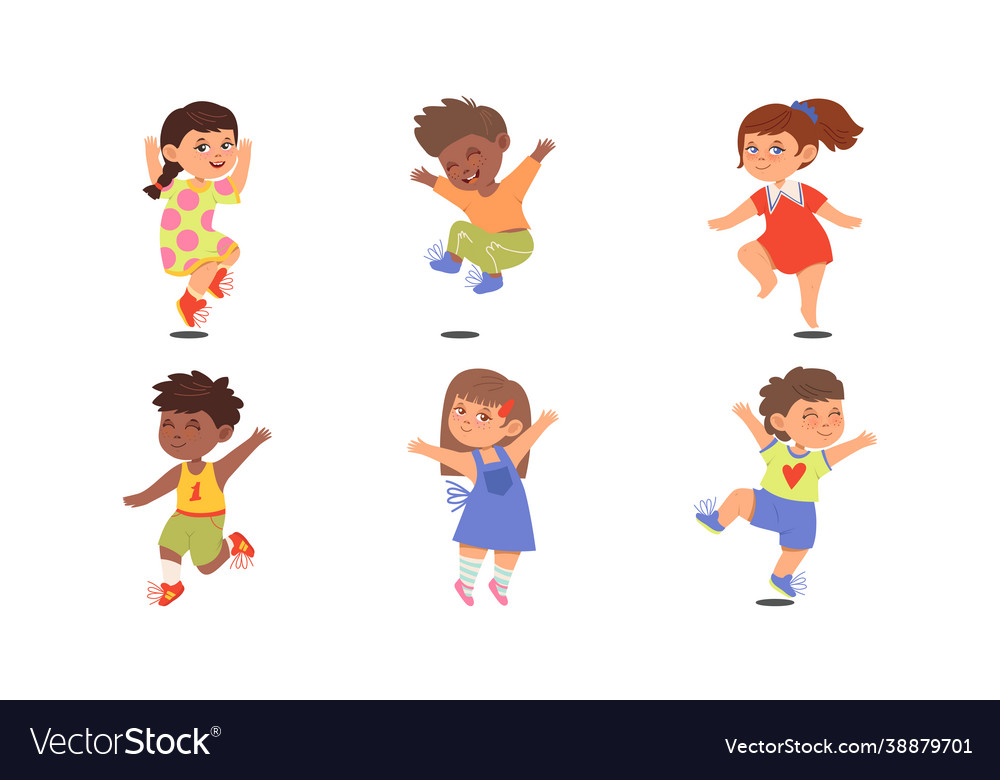 Boy and girl character jumping with joy Royalty Free Vector