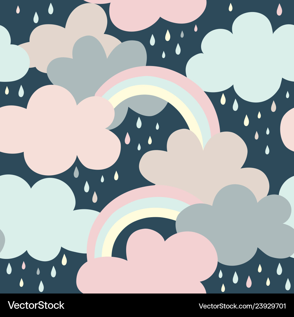 Seamless pattern with clouds rainbow and drops Vector Image