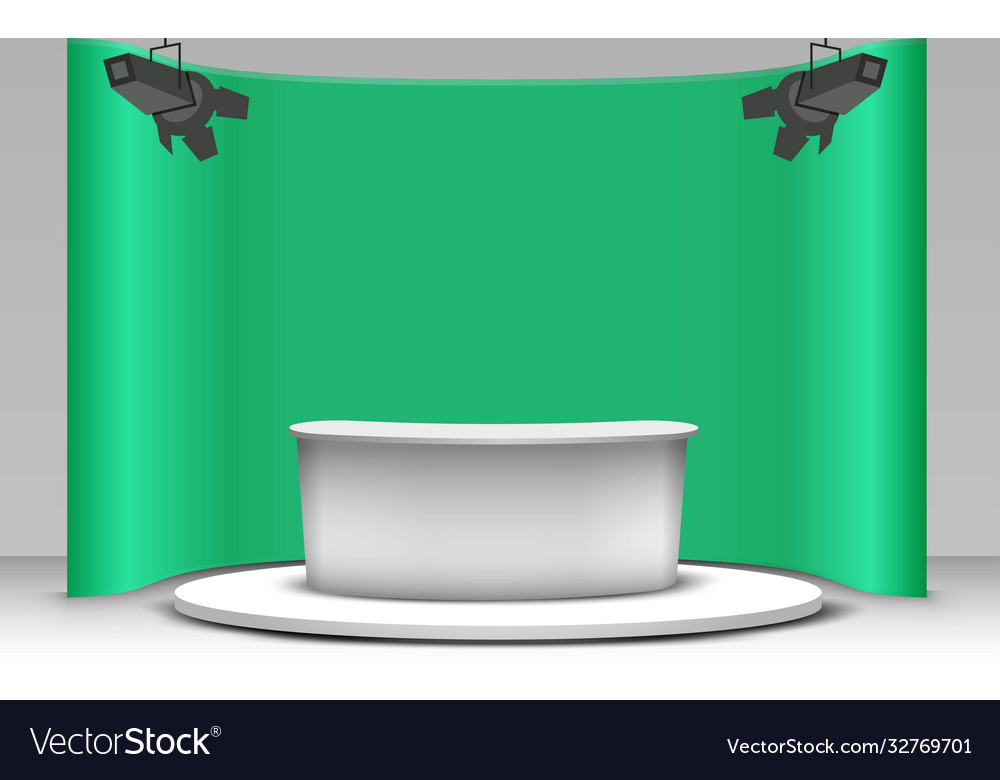 White table with green background in news studio Vector Image