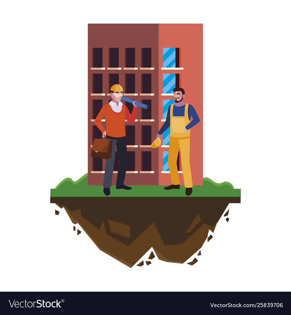Architect builder with constructor workers