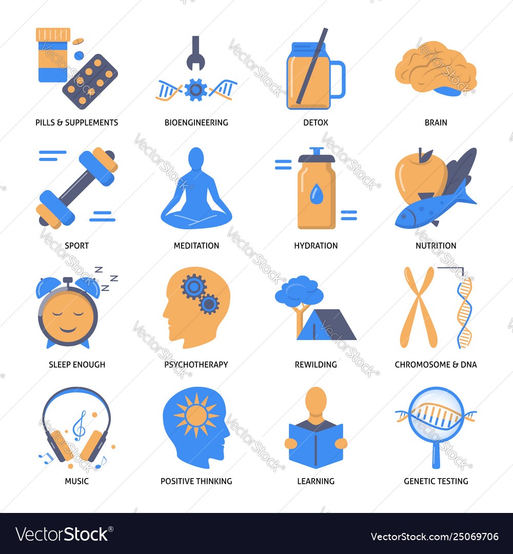 Biohacking concept icons set in flat style
