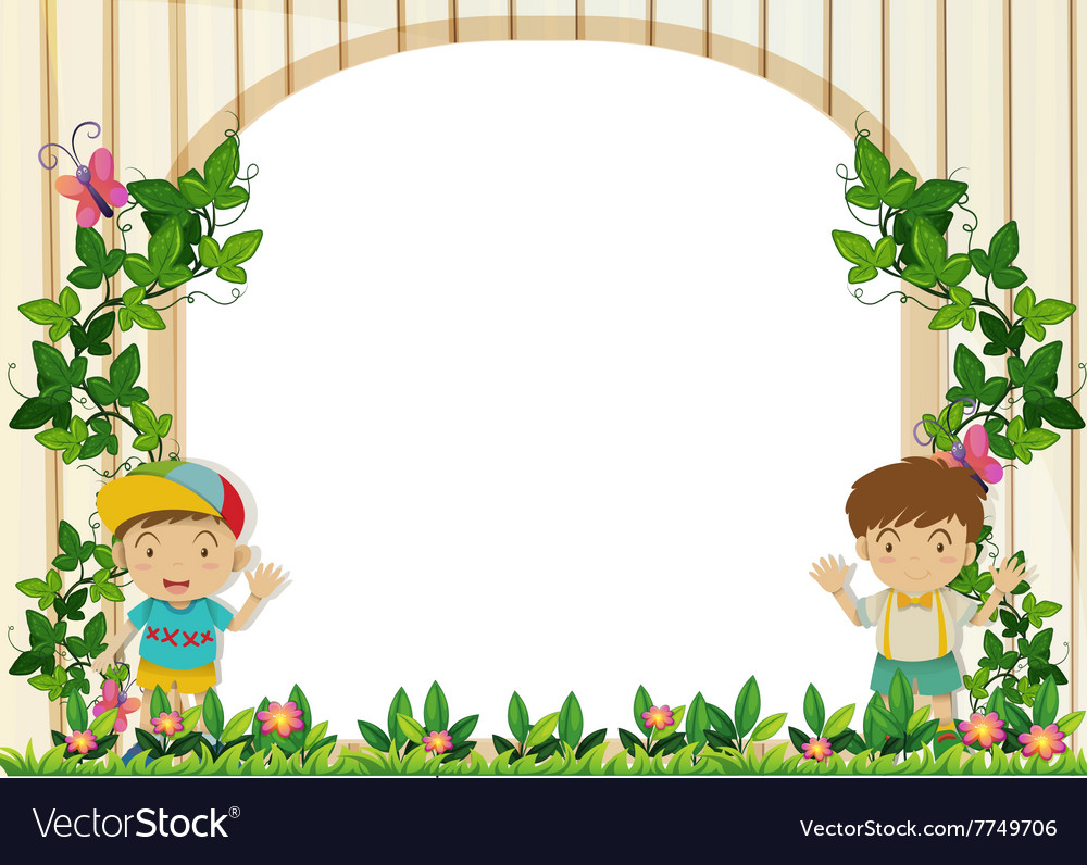 Border design with boys in the garden Royalty Free Vector