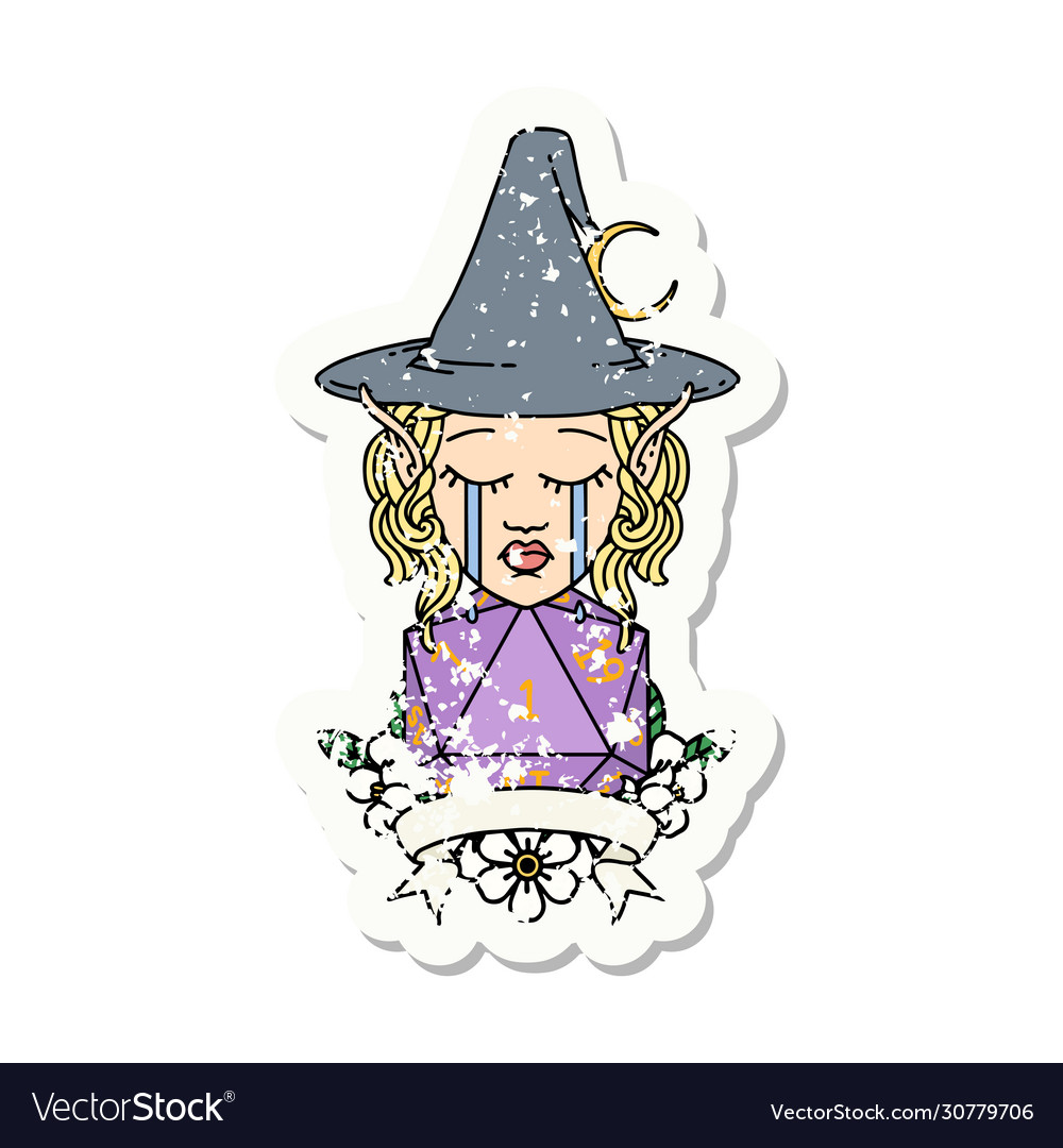 Crying elf mage character with natural one dice