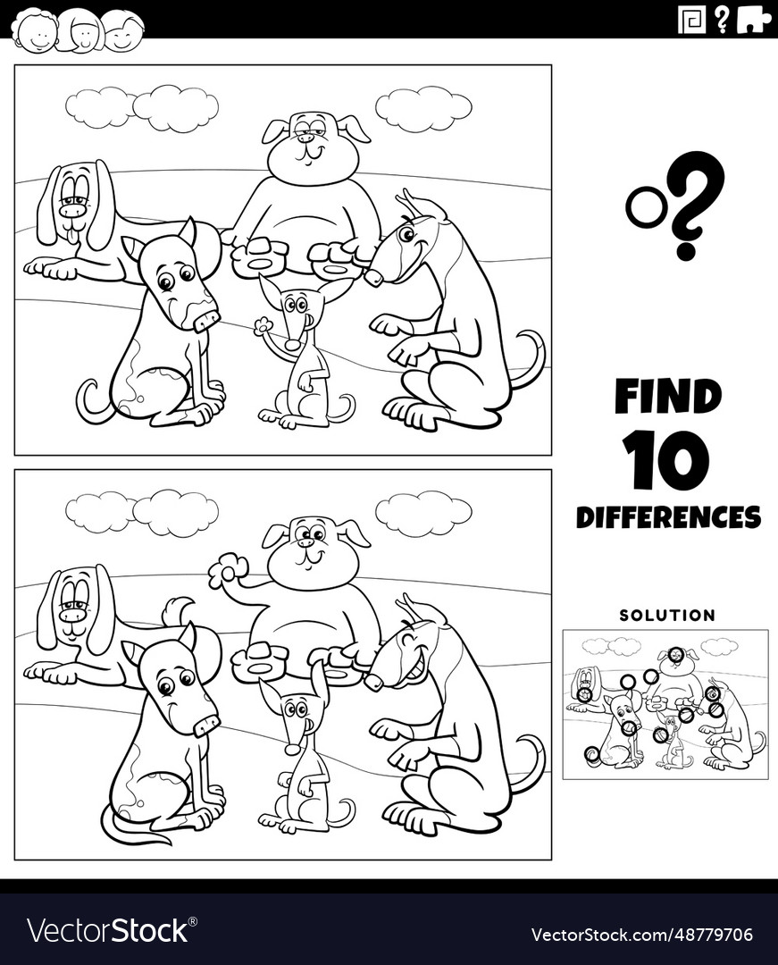 Differences game with cartoon dogs coloring page Vector Image