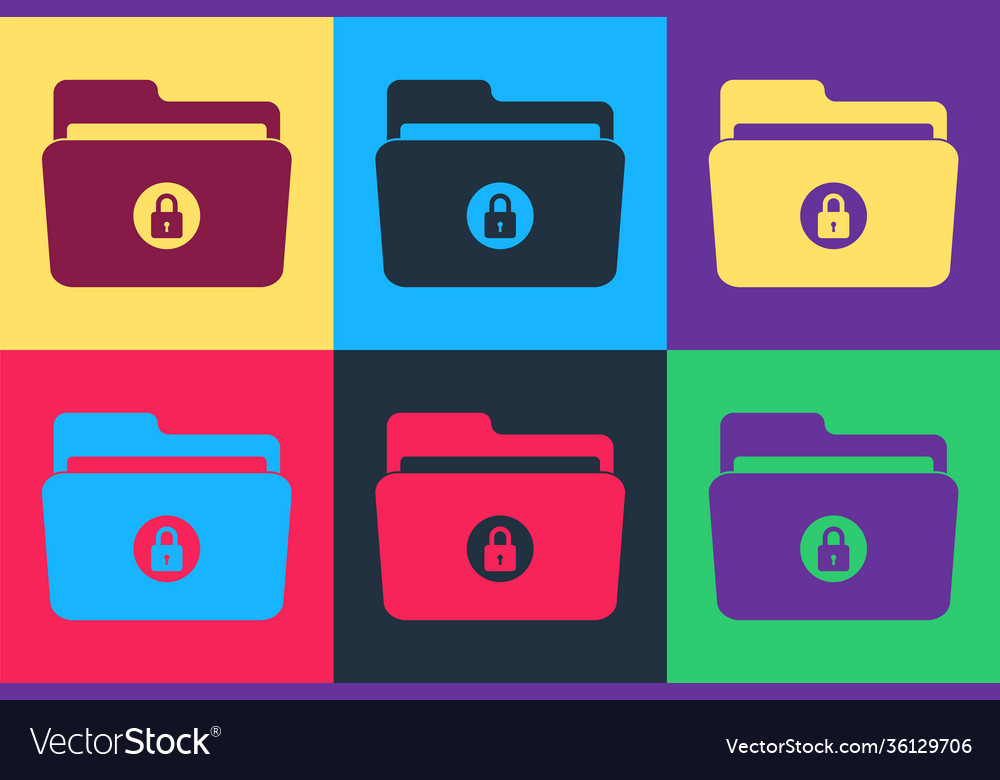 Pop art folder and lock icon isolated on color vector image Pop art folder and lock icon isolated on color