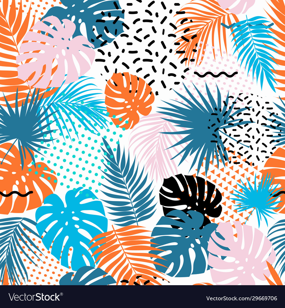 Seamless Pattern With Tropical Leaves Plants Vector Image