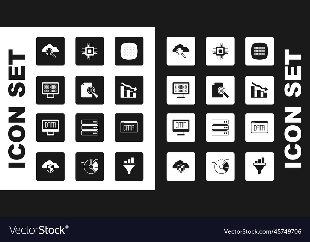 Set binary code document with graph chart search vector image Set binary code document with graph chart search