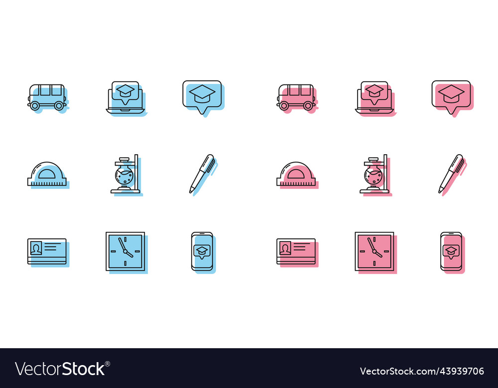 Set line identification badge clock school bus vector image Set line identification badge clock school bus