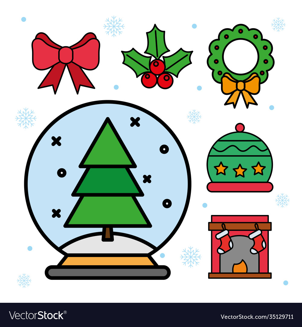 Bundle six christmas set line and fill icons