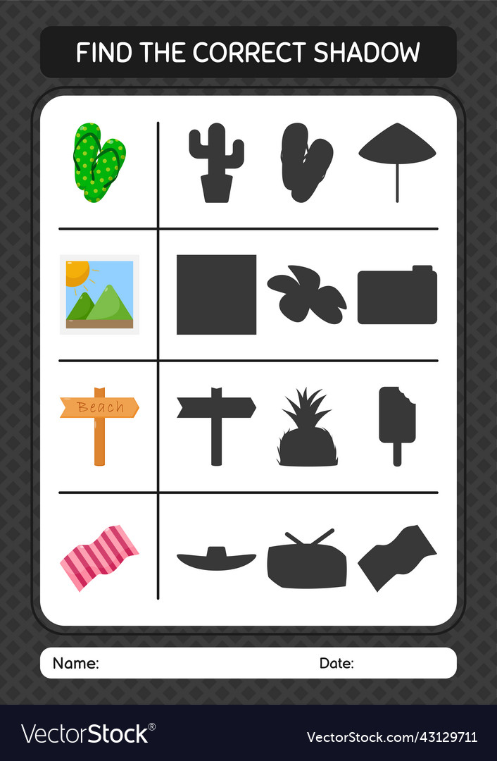 Find the correct shadows game with summer icon Vector Image Find the correct shadows game with summer icon