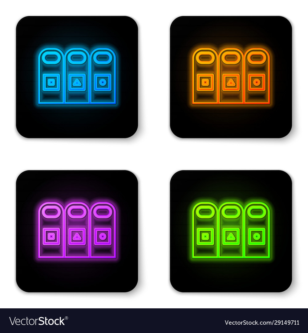 Glowing neon trash in garbage cans with sorted vector image Glowing neon trash in garbage cans with sorted