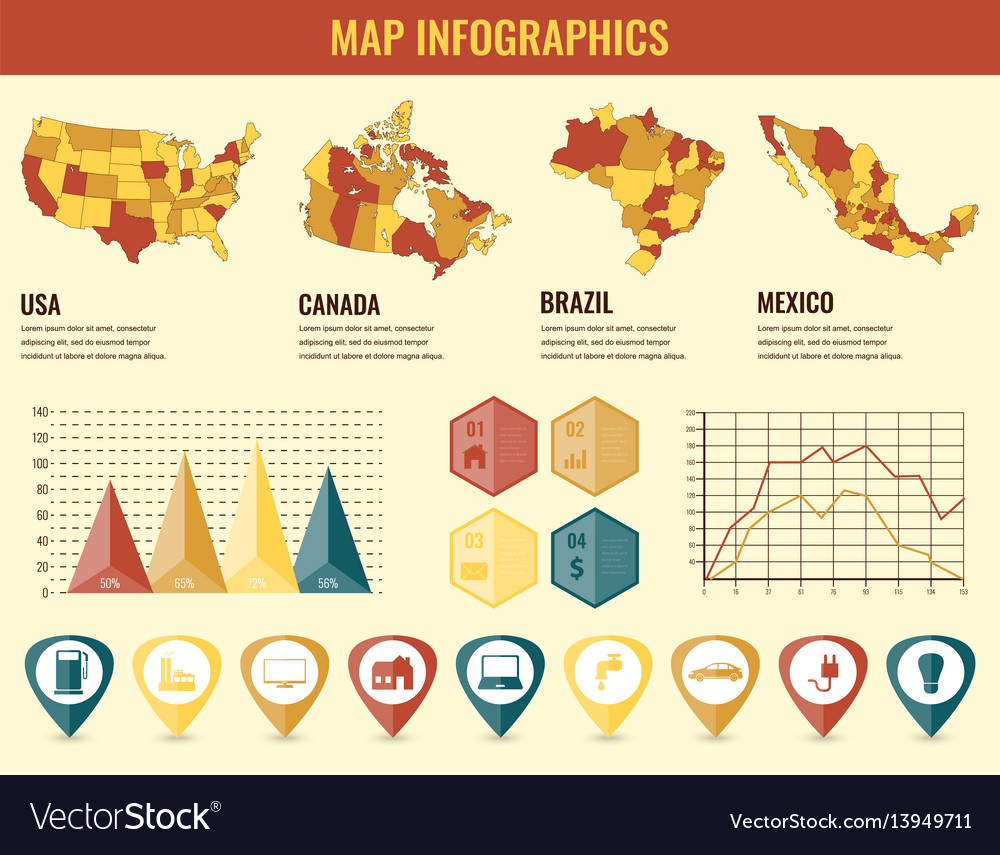 Infographics elements set with collection maps vector image Infographics elements set with collection maps