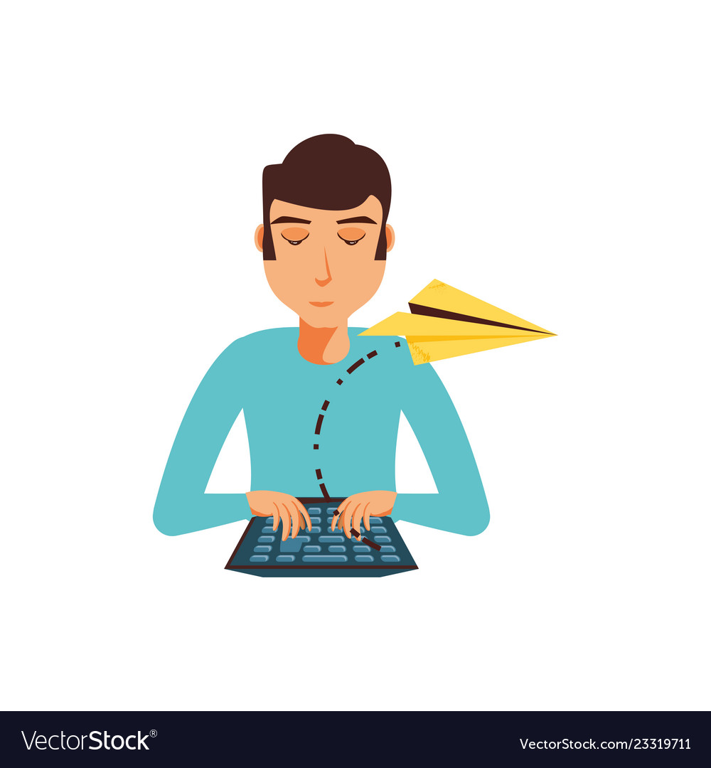 Man with desktop computer and airplane paper