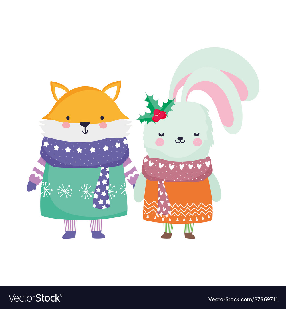 Merry christmas celebration cute fox and rabbit