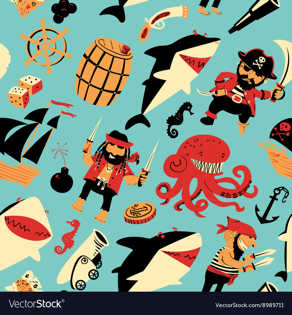 Nautical pattern witpirates and sharks Royalty Free Vector