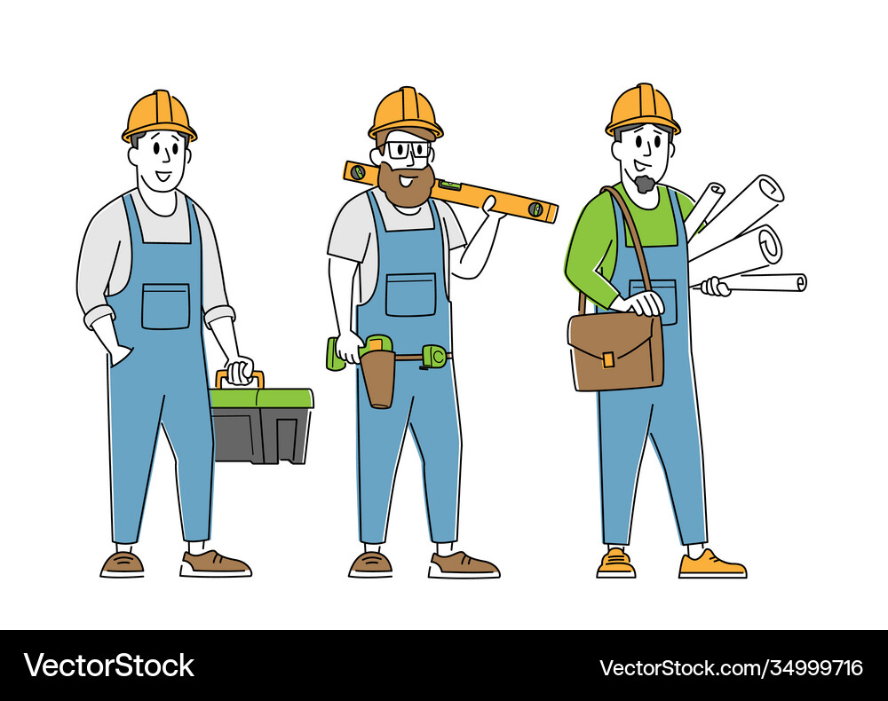 Builder engineer or foreman characters with tools Vector Image