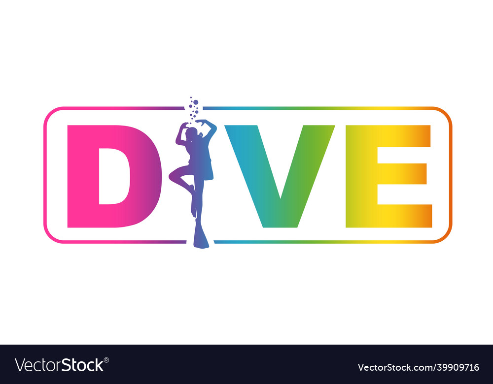 Dive word with silhouette of diver and bubbles Vector Image