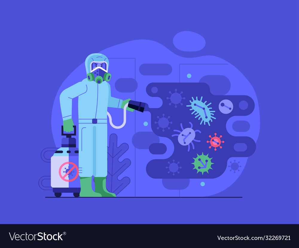 Disinfection worker in costume sprays chemicals