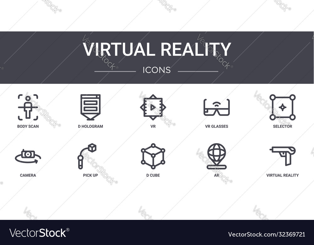 Virtual reality concept line icons set contains