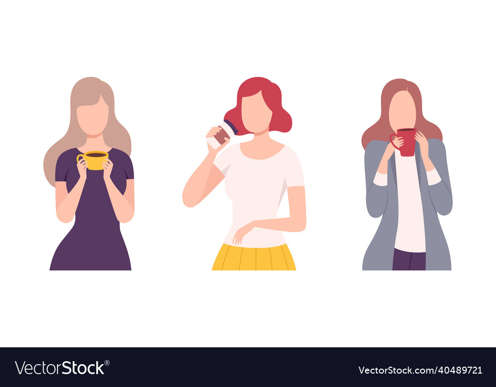 Junge Frau Charakter Halterung Tasse mit heißem Kaffee vector image Junge Frau Charakter Halterung Tasse mit heißem Kaffee
