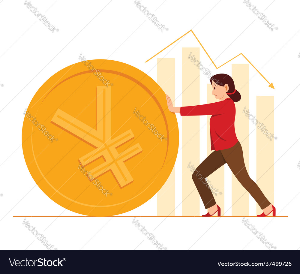 Business woman push big coin chinese yuan currency vector image Business woman push big coin chinese yuan currency