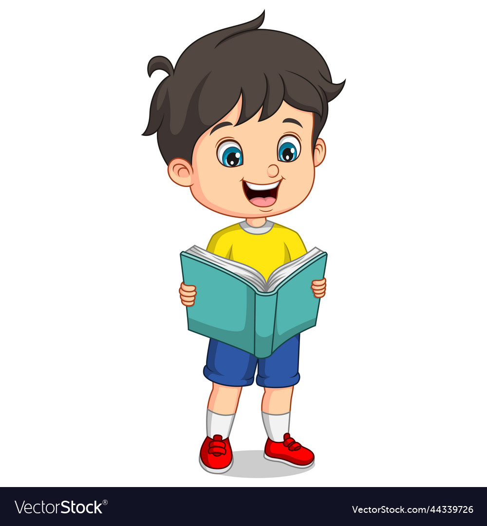 Cartoon little boy stands and reading a book Vector Image