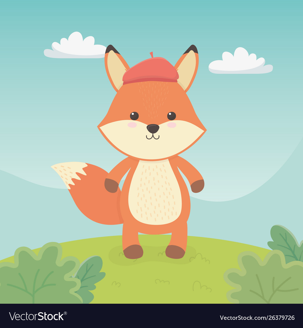 Cute and little fox in field Royalty Free Vector Image