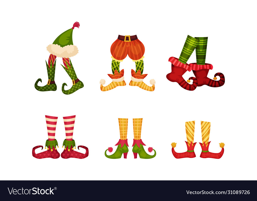 Elf legs in shoes with crooked toes and ornamental