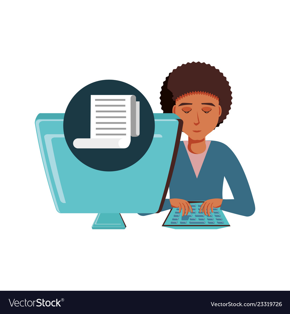 Man black with desktop computer and paper receipt