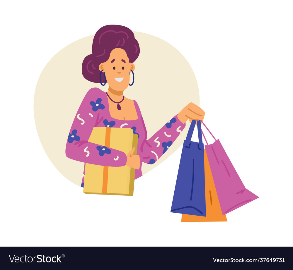 Happy shopper with shopping bags in hands flat