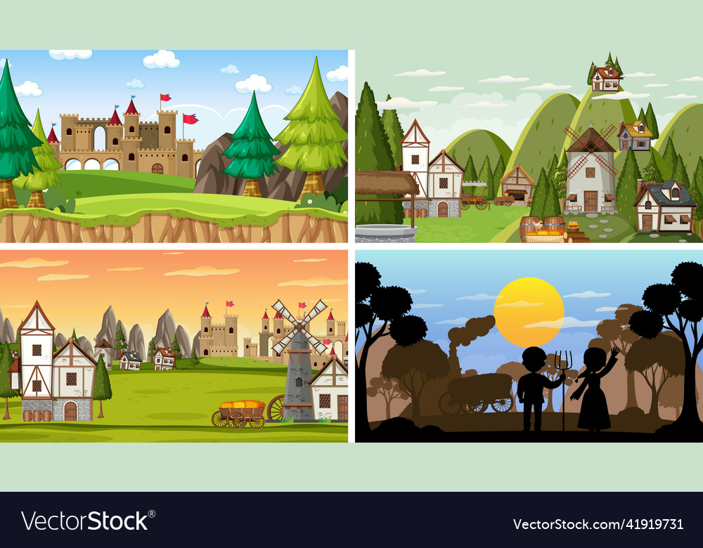 Set of different scene medieval with silhouette