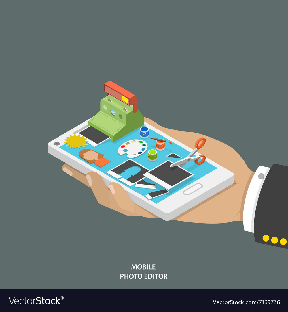 Mobile photo editor flat isometric concept