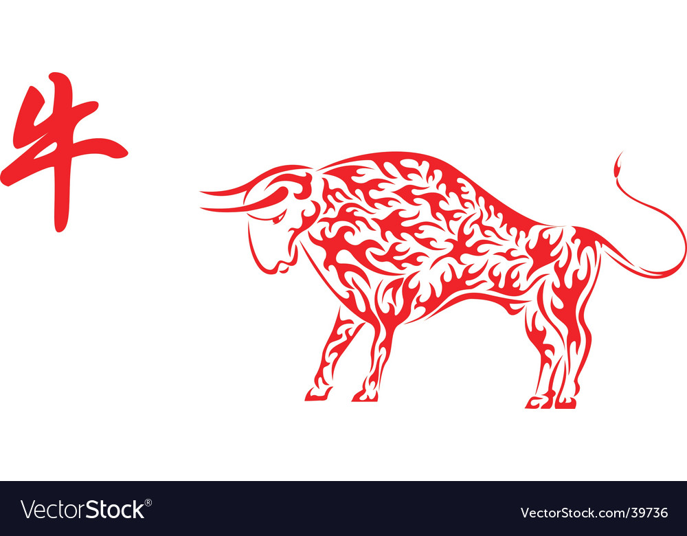 Red chinese ox with hieroglyph Royalty Free Vector Image