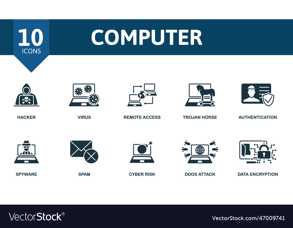Computer outline set creative icons hacker virus vector image Computer outline set creative icons hacker virus