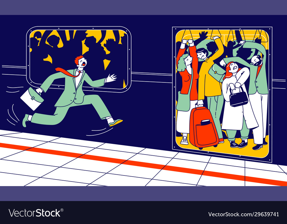 Man running in subway platform to crowded train