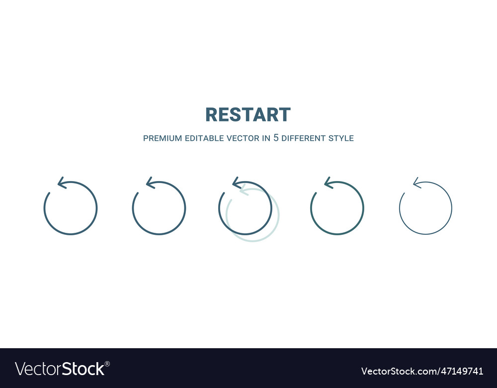 Restart icon in 5 different style outline filled vector image Restart icon in 5 different style outline filled