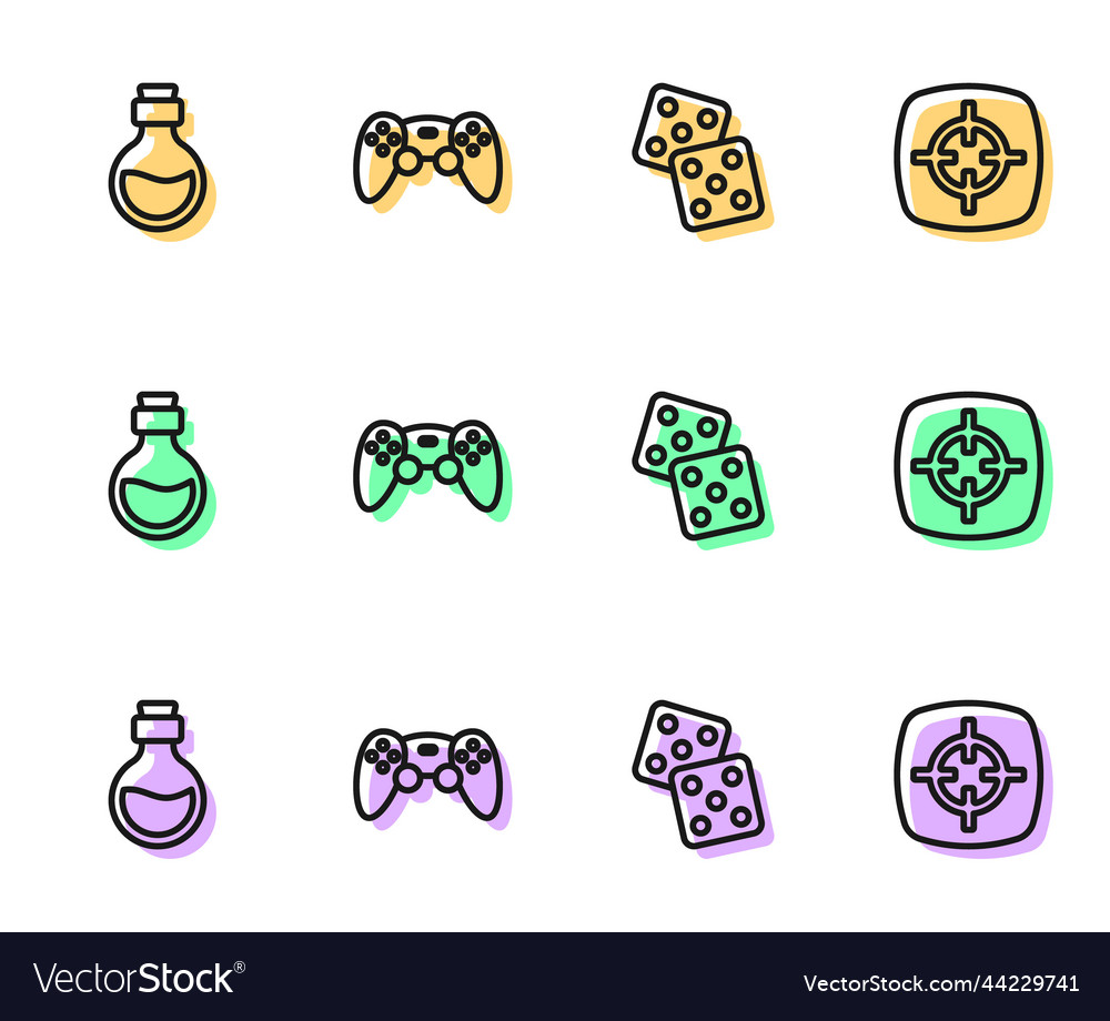 Set Linie Spiel Würfel Flasche mit magischem Elixier vector image Set Linie Spiel Würfel Flasche mit magischem Elixier