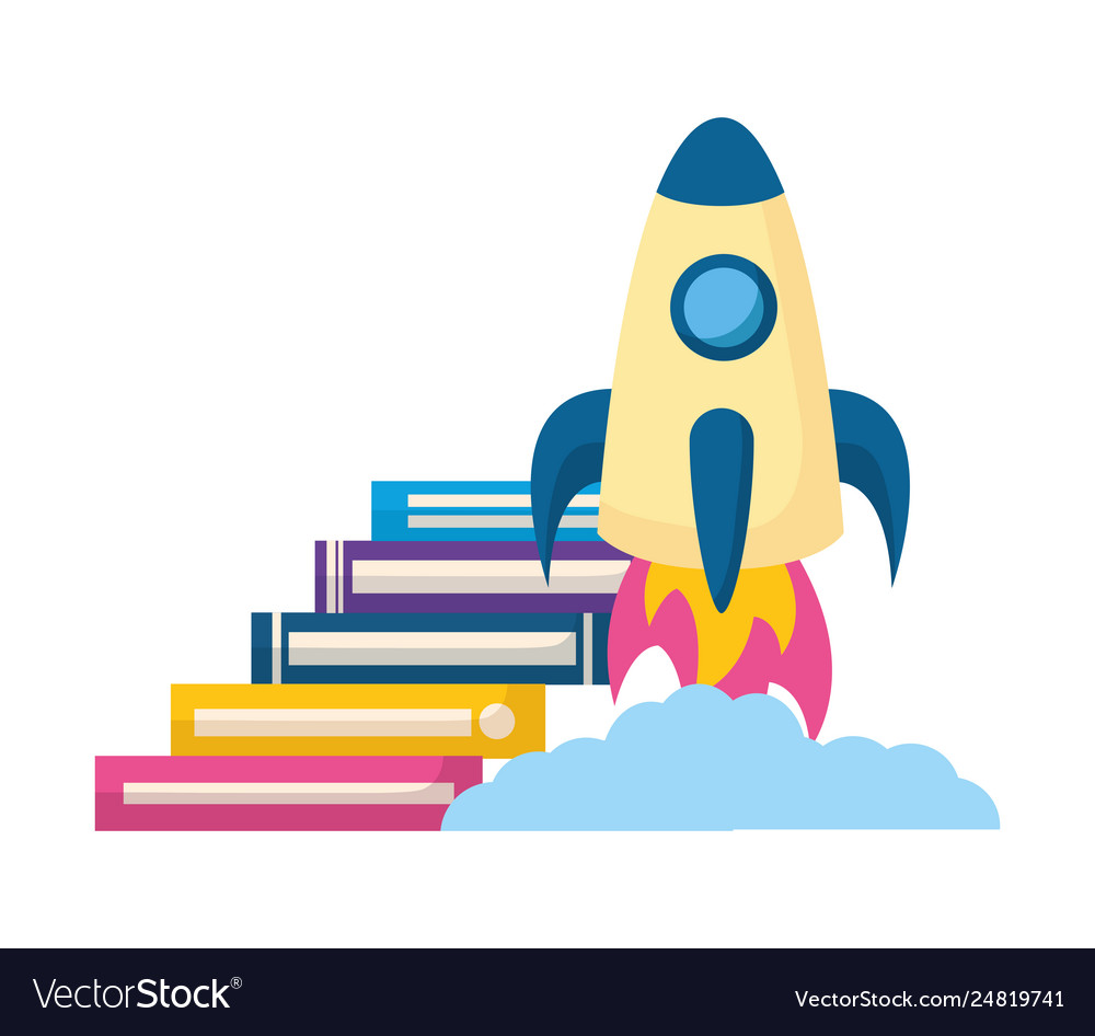 Stack books with rocket isolated icon