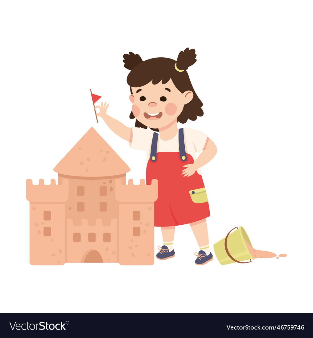 Cute happy brunette little girl building