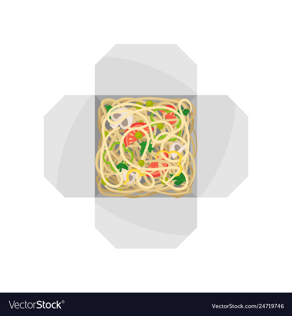 Noodles with vegetables in box on white background